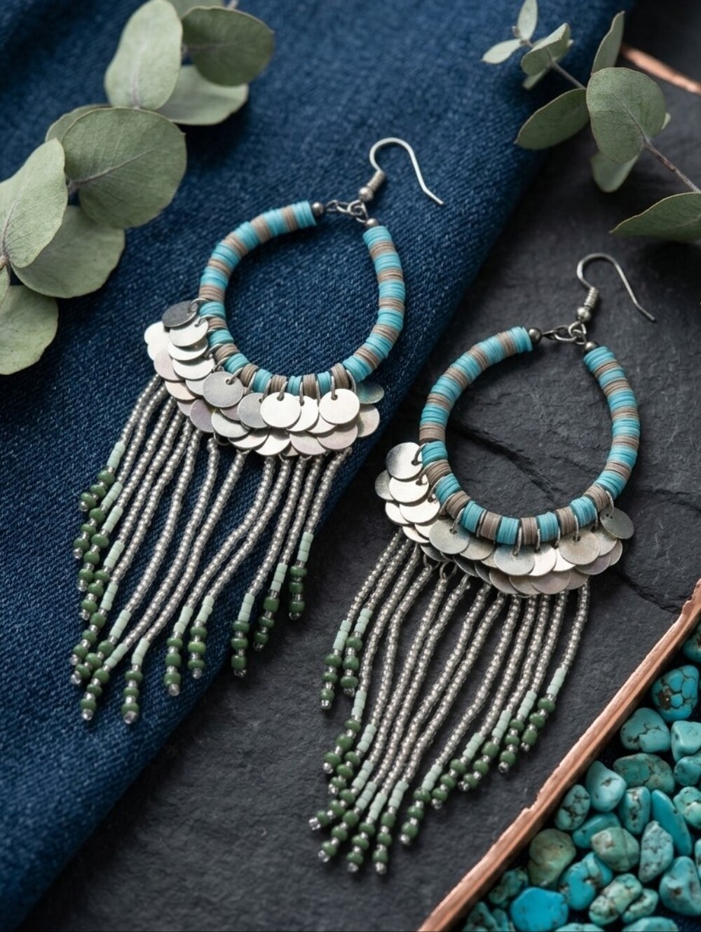 Turquoise and Green Beaded Fringe Hoop Earrings